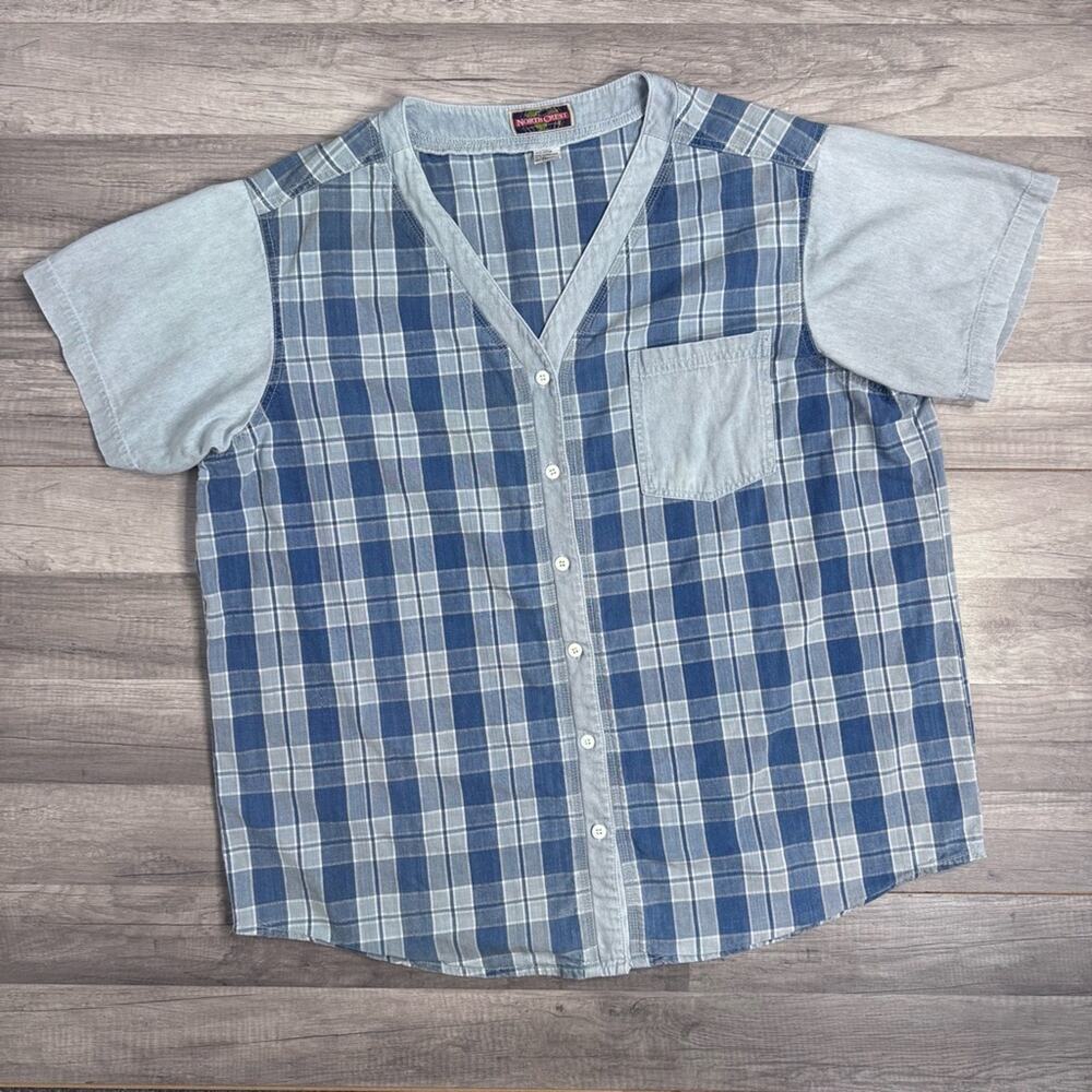 Vintage Short Sleeve Denim Plaid Shirt Button Front 
Blue 22W/24W 3X Cottagecore